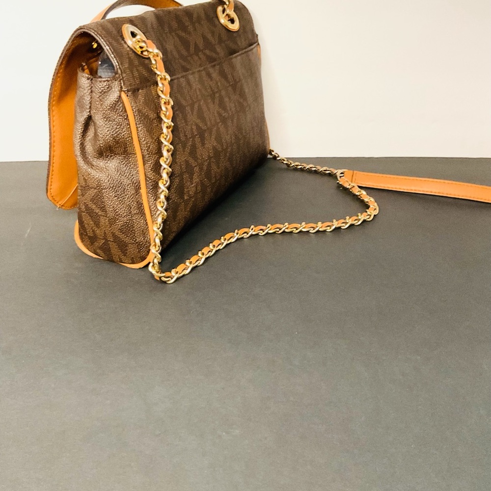 Michael Kors Brown MK Signature Chain Shoulder Bag Gold Hardware